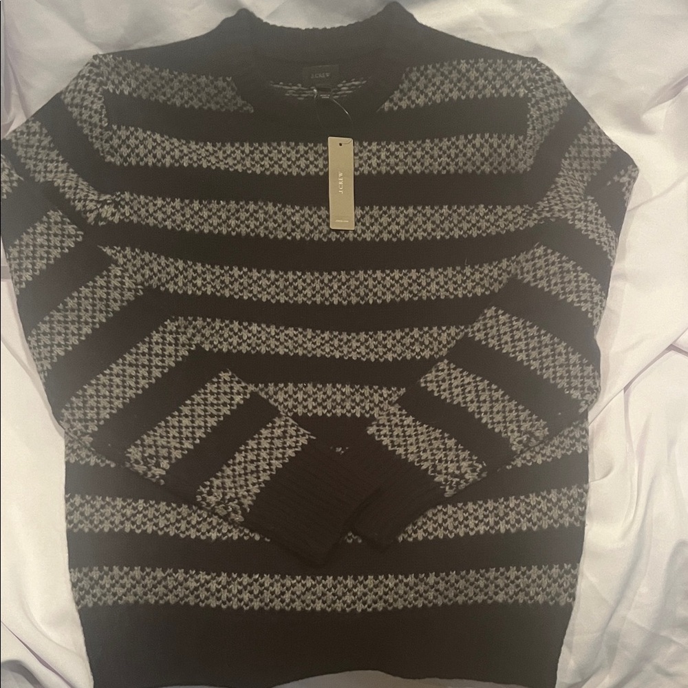 J. Crew Brand New NWT Men's Black and Gray Striped Crewneck Wool Sweater Sz Sm